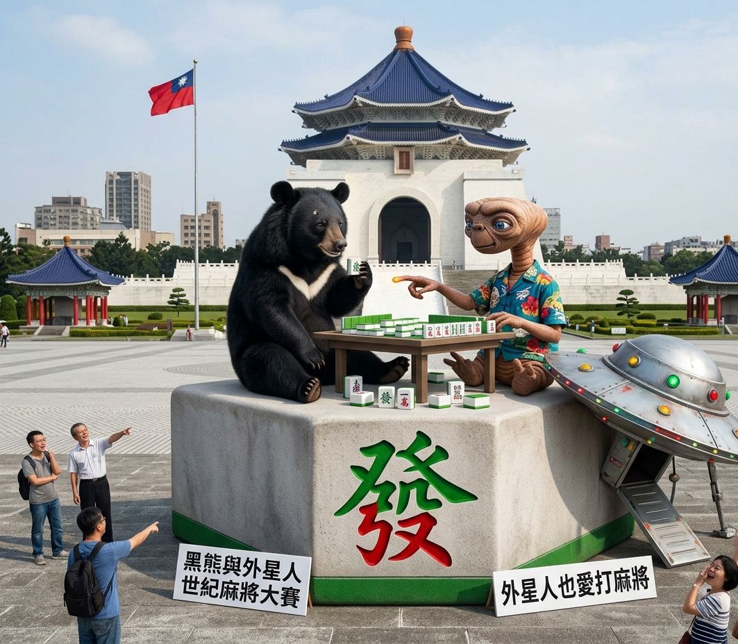 飛碟來襲熊掌摸牌,台灣黑熊在中正紀念堂第三類接觸,台灣熊愛打麻將,台灣黑熊打麻將,自由廣場麻將大對決,台北揪團打牌,中正紀念堂捕獲台灣黑熊,中正紀念堂三缺一急徵牌咖,外星人也想碰碰胡,幽浮路過看熱鬧,黑熊與外星人在中正紀念堂揪團打牌